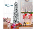 Costway 186CM Slim Christmas Tree Flocked Xmas Tree w/373 Tips Pine Needles LED Lights Artificial Party Decoration