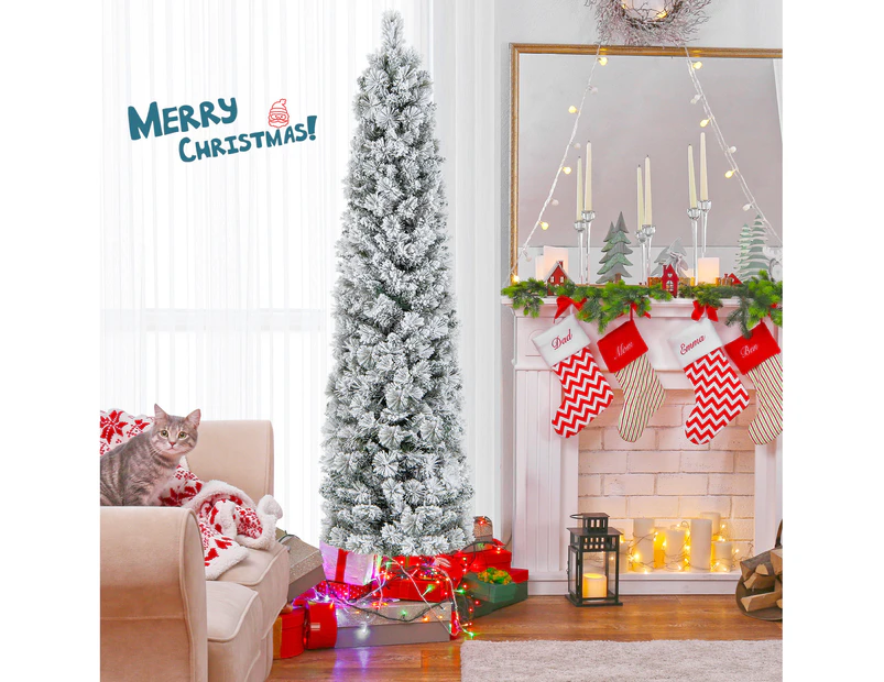 Costway 186CM Slim Christmas Tree Flocked Xmas Tree w/373 Tips Pine Needles LED Lights Artificial Party Decoration