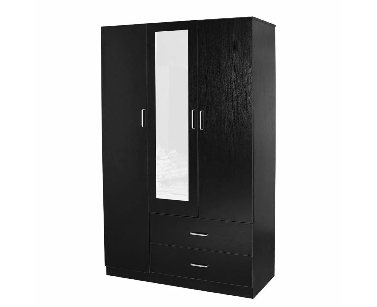 Design Square Modern 3-Door 2-Drawers Wardrobe Closet Clothes Storage Cabinet With Mirror - Black