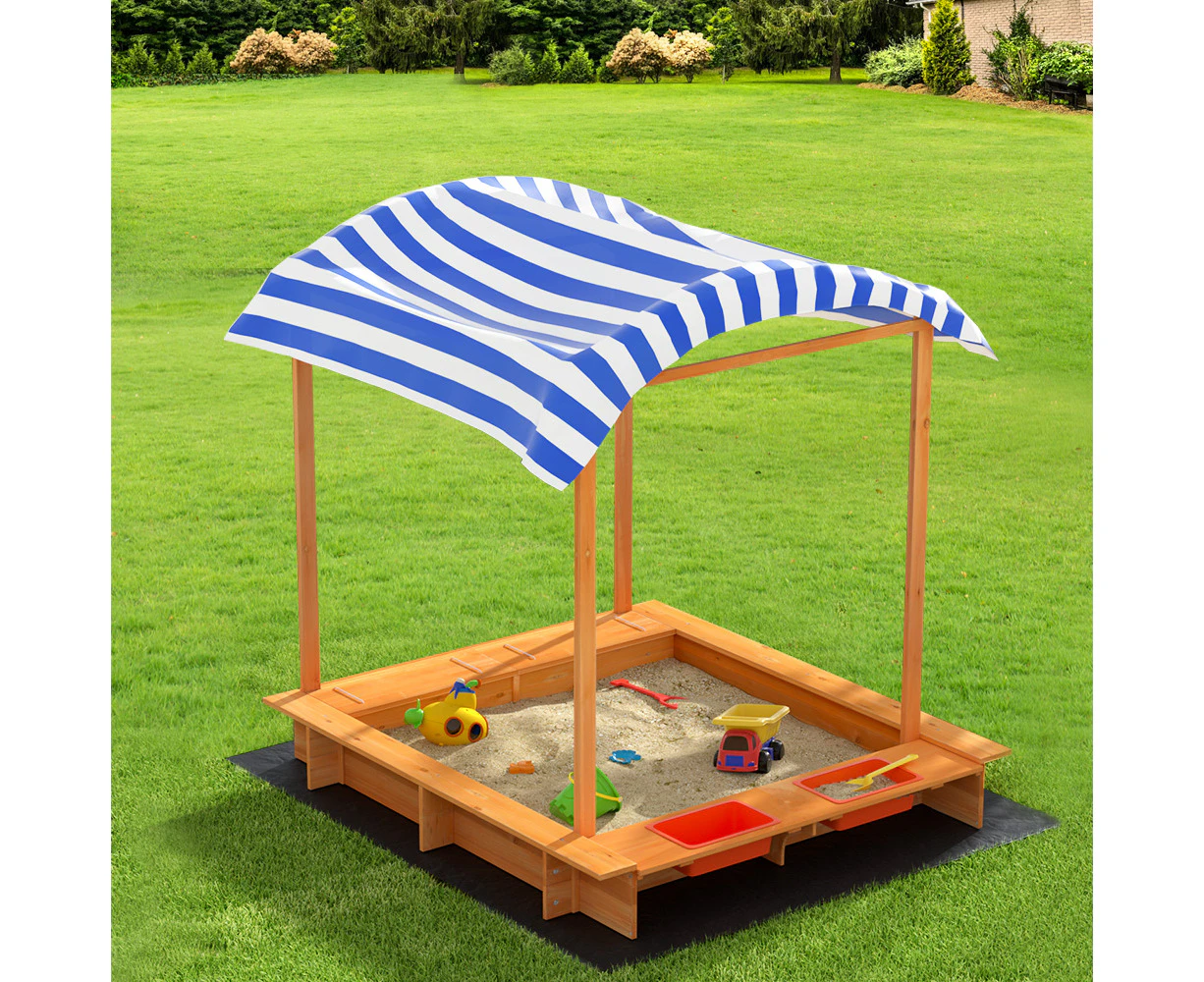 Keezi Kids Sandpit Wooden Sandbox Sand Pit with Canopy Water Basin Toys 146cm