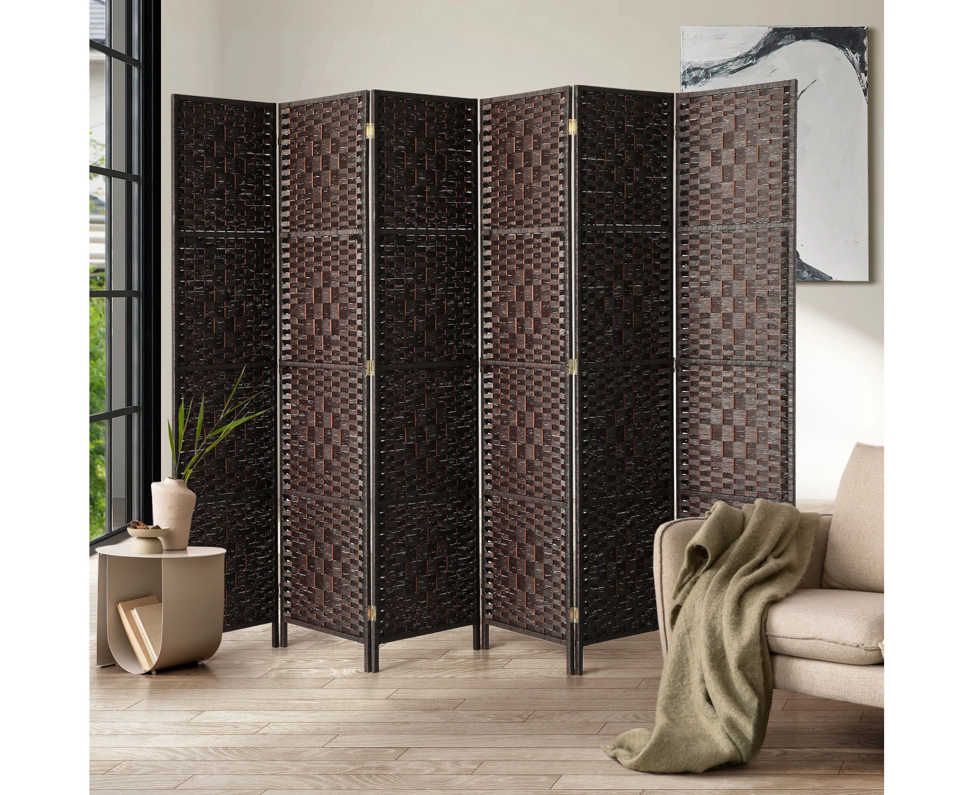 Oikiture 6 Panel Room Divider Screen Privacy Dividers Woven Wood Folding Brown