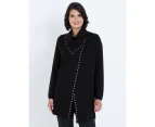 Liz Jordan - Womens Jumper - Long Winter Cardigan Cardi Black Sweater Stud Trim - Relaxed Fit - Knitwear - Long Sleeve - Knit Work Wear - Good Quality - Black