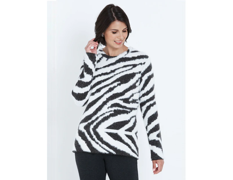 Liz Jordan - Womens Jumper - Long Winter Sweater - Brown Pullover - Fluffy - Knitwear - Long Sleeve - Espresso Animal Print - Crew Neck - Casual Wear - Brown