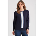 Liz Jordan - Womens Jumper - Regular Winter Sweater - Blue Pullover - Contrast - Long Sleeve - Navy Blazer - Crew Neck - Elastane - Casual Work Wear - Blue