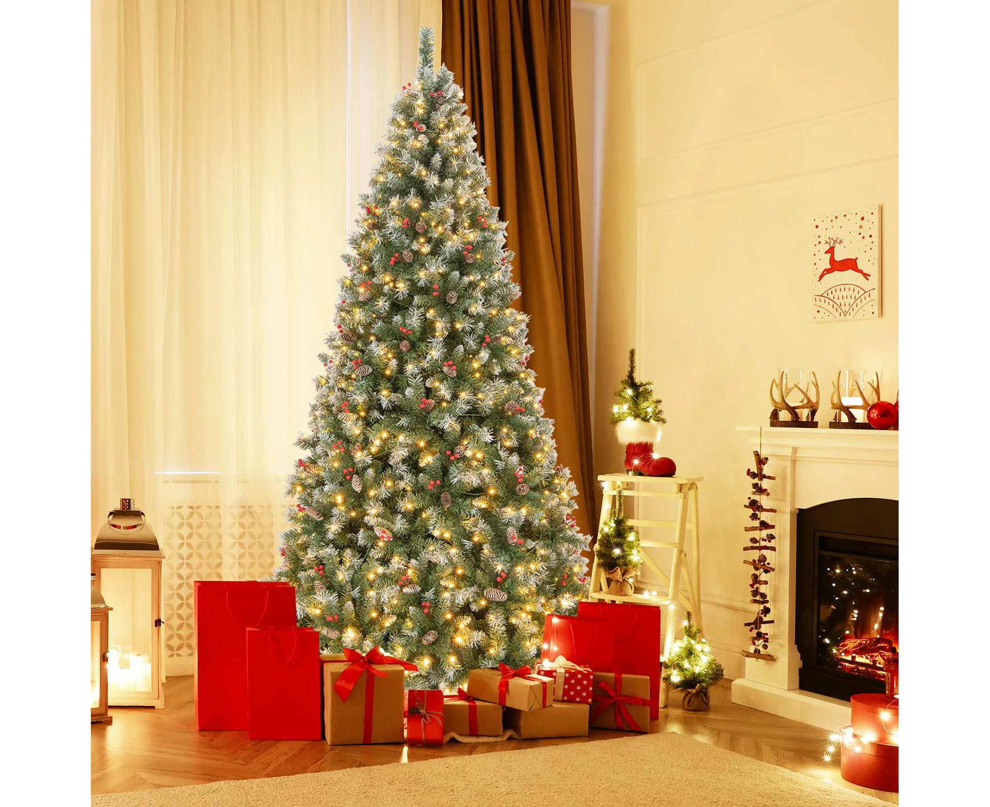 Costway 2.7M Pre-lit Christmas Tree 8 Light Modes Xmas Tree Mixed Pine Needles w/Red Berries