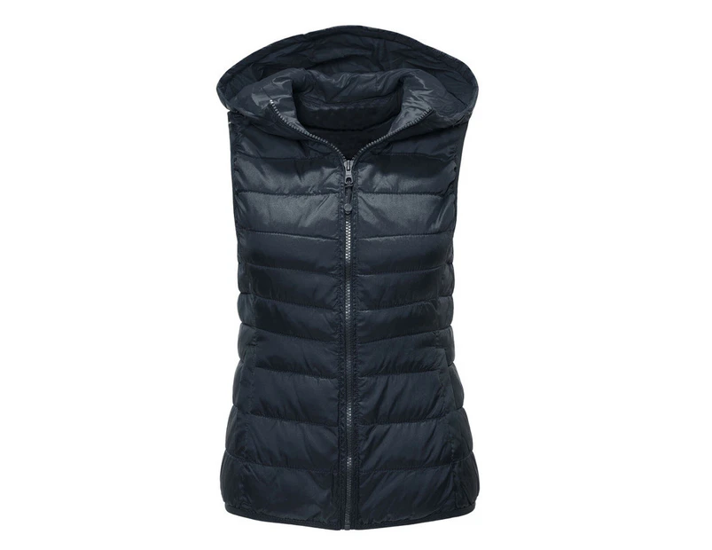 Women's Winter Down Vest Jacket Lightweight Quilted Loose Versatile Hooded Vest-navy blue