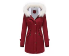 Women's winter jacket, warm wool lined padded parka with detachable fur hood coat-Claret