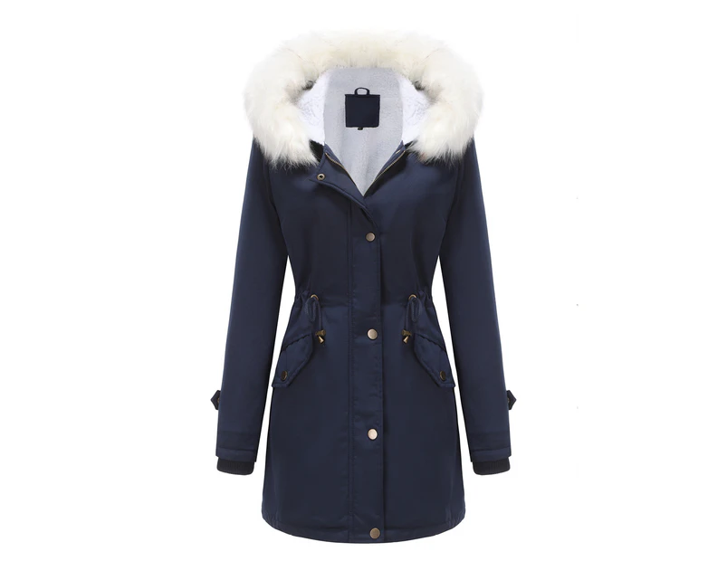 Women's winter jacket, warm wool lined padded parka with detachable fur hood coat-Navy blue
