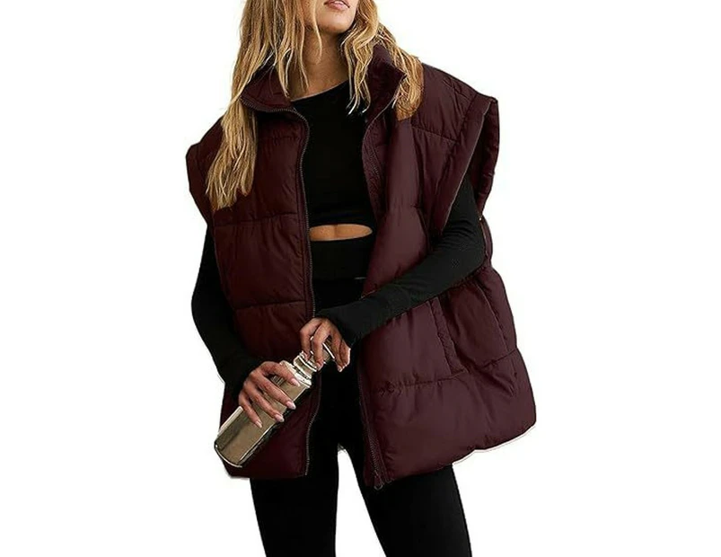 Women's Puffer Vest Sleeveless Zip Up Quilted Coat Stand Collar Gilet Jacket With Pockets-Wine red