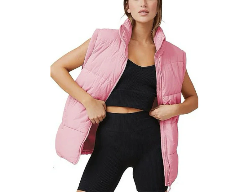 Women's Puffer Vest Sleeveless Zip Up Quilted Coat Stand Collar Gilet Jacket With Pockets-Pink
