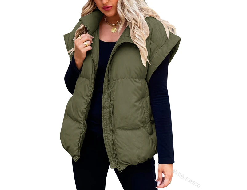 Women's Puffer Vest Sleeveless Zip Up Quilted Coat Stand Collar Gilet Jacket With Pockets-Military Green
