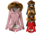 Women's Thickened Wool Lined Parka Coat (Winter) Full Zipper Faux Fur Hooded Coat-Pink
