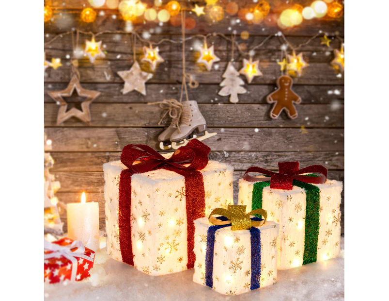 Costway 3PCs Christmas Lighted Gift Boxes Pre-lit Christmas Decoration w/Bows Indoor&Outdoor