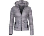 Women's Long Sleeve Zipper Cuff Down Coat Winter Quilted with Pockets Hood Short Jacket-grey