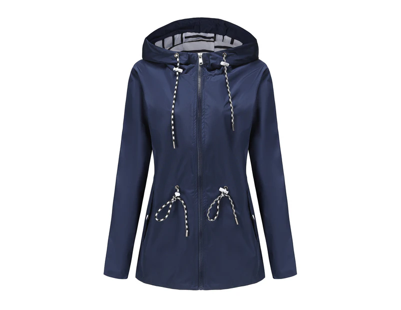 Women's Lightweight Raincoat Waterproof Windbreaker Striped Lined Outdoor Hooded Windbreaker-Navy blue