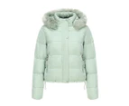 Women's Full Zipper Winter Coat Warm Sandwich Jacket with Removable Fur Hood with Pockets-Mint Green