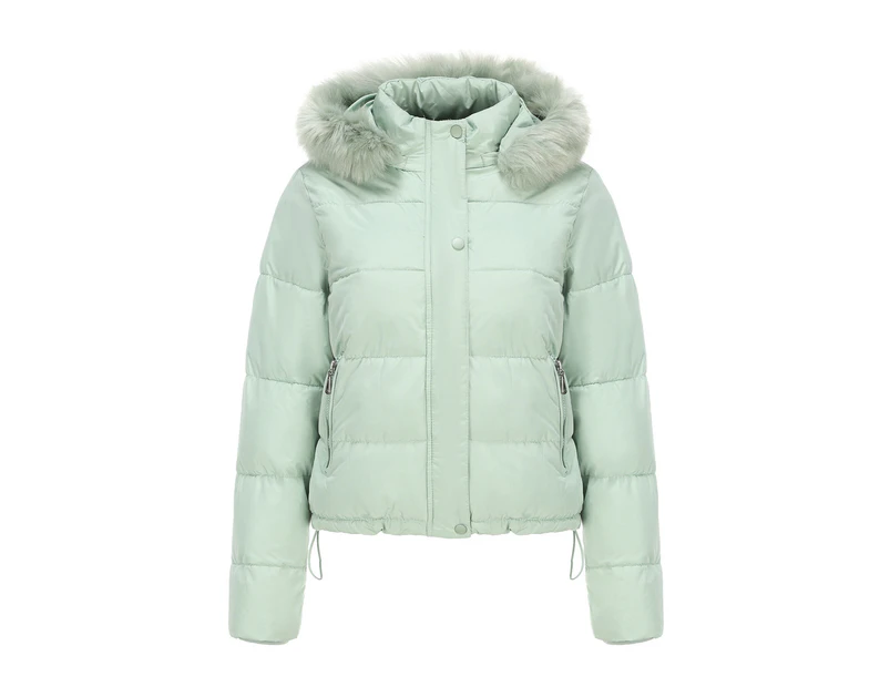 Women's Full Zipper Winter Coat Warm Sandwich Jacket with Removable Fur Hood with Pockets-Mint Green