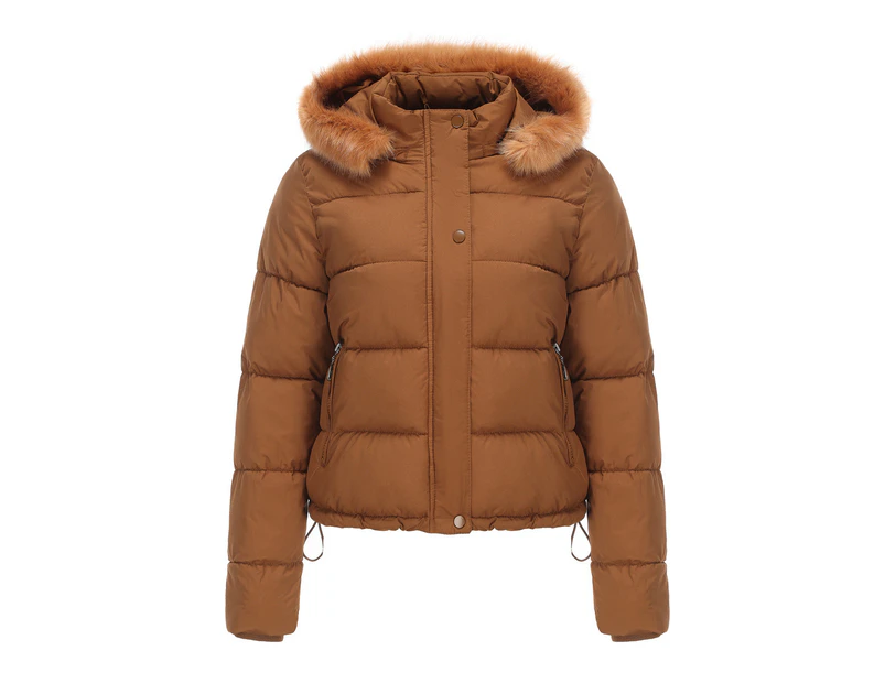 Women's Full Zipper Winter Coat Warm Sandwich Jacket with Removable Fur Hood with Pockets-Camel