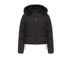 Women's Full Zipper Winter Coat Warm Sandwich Jacket with Removable Fur Hood with Pockets-black