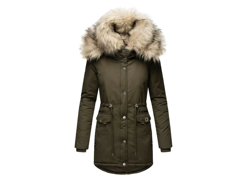 Women's Fur Hooded Winter Parka Coat Thickened Winter Jacket Coat Fur Trimmed Hooded Puffy Coat-ArmyGreen