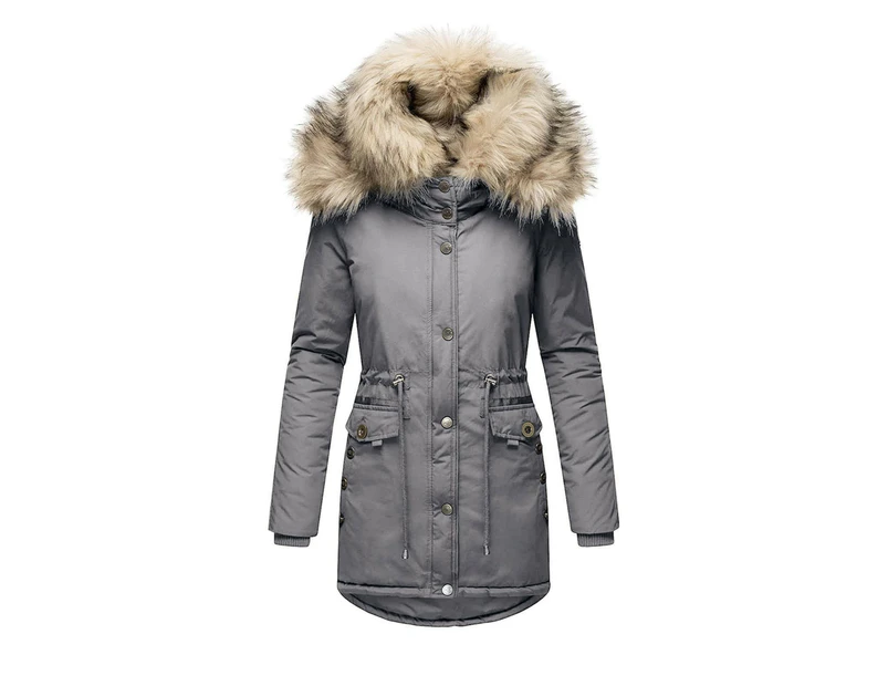 Women's Fur Hooded Winter Parka Coat Thickened Winter Jacket Coat Fur Trimmed Hooded Puffy Coat-grey
