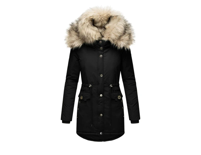 Women's Fur Hooded Winter Parka Coat Thickened Winter Jacket Coat Fur Trimmed Hooded Puffy Coat-black