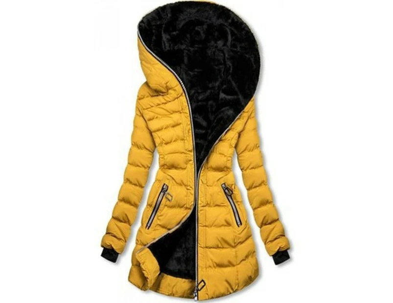 Women's Long Puffer Coat Thickened Winter Coat Warm Puffy  Zipper model Coat with Detachable Hood-yellow