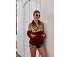 Women's Leopard Print Patchwork Top Pullover Fleece Sweatshirt With Pockets Warm Jacket-Claret