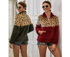 Women's Leopard Print Patchwork Top Pullover Fleece Sweatshirt With Pockets Warm Jacket-ArmyGreen