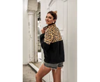 Women's Leopard Print Patchwork Top Pullover Fleece Sweatshirt With Pockets Warm Jacket-black
