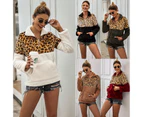 Women's Leopard Print Patchwork Top Pullover Fleece Sweatshirt With Pockets Warm Jacket-Claret