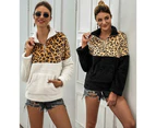Women's Leopard Print Patchwork Top Pullover Fleece Sweatshirt With Pockets Warm Jacket-White