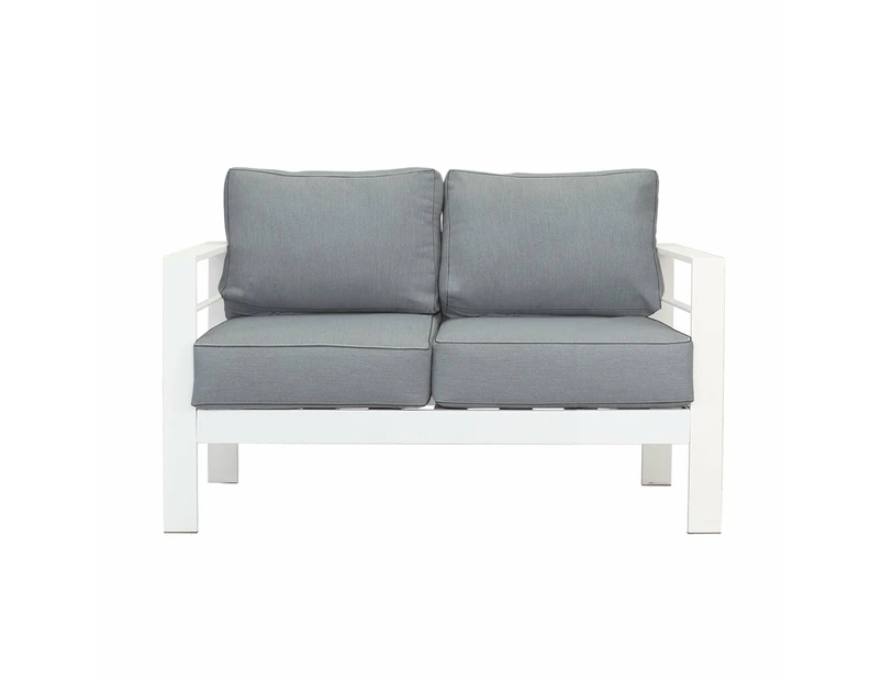 Paris 2 Seater White Aluminium Outdoor Sofa Lounge With Arms Grey Cushion