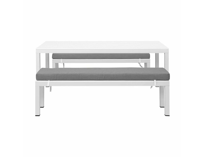 Manly 3 Piece White Aluminium Outdoor Bench Dining Set With Grey Cushion