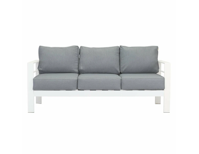 Paris 3 Seater White Aluminium Outdoor Sofa Lounge With Arms Grey Cushion