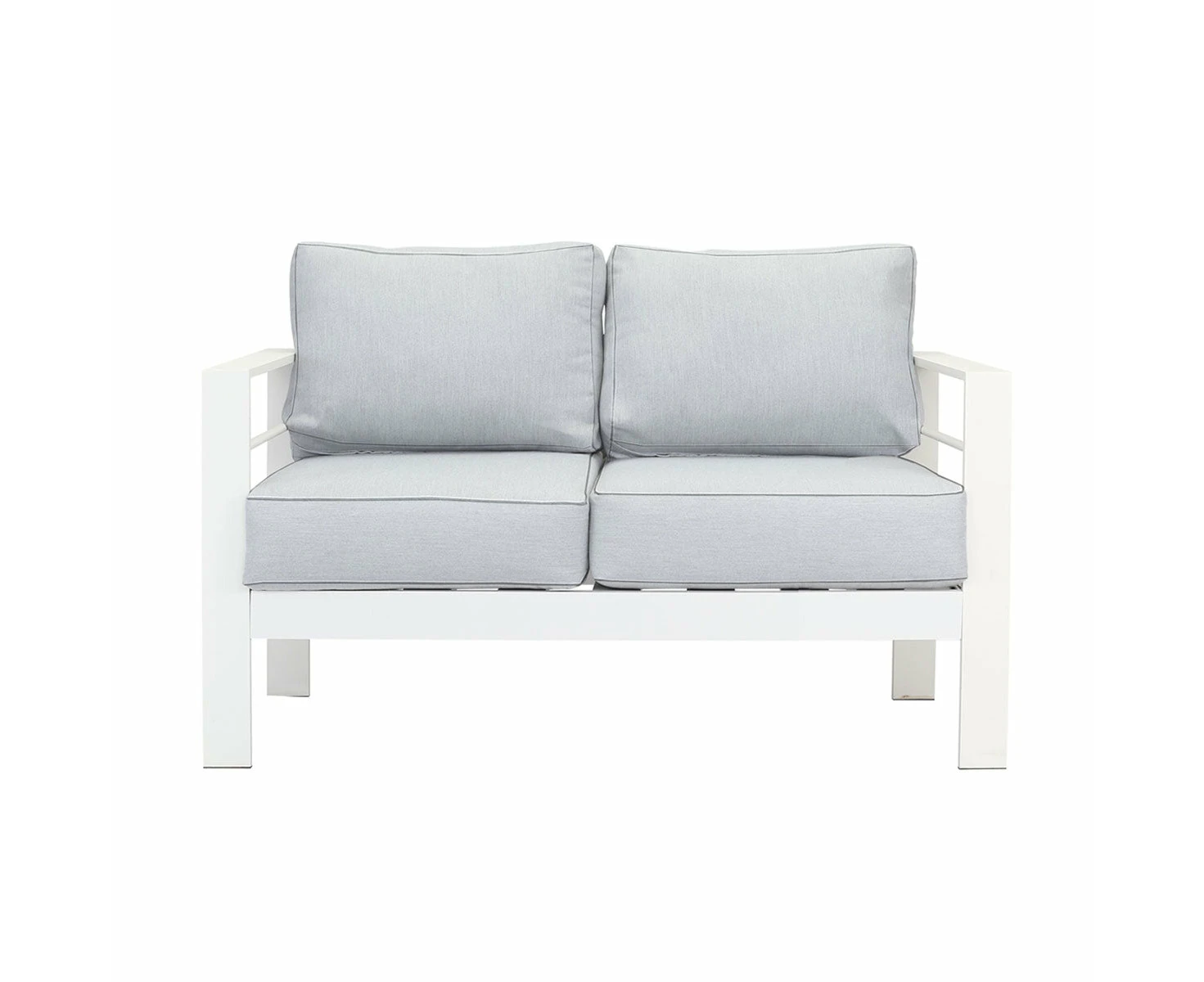 Paris 2 Seater White Aluminium Outdoor Sofa Lounge With Arms Light Grey Cushion