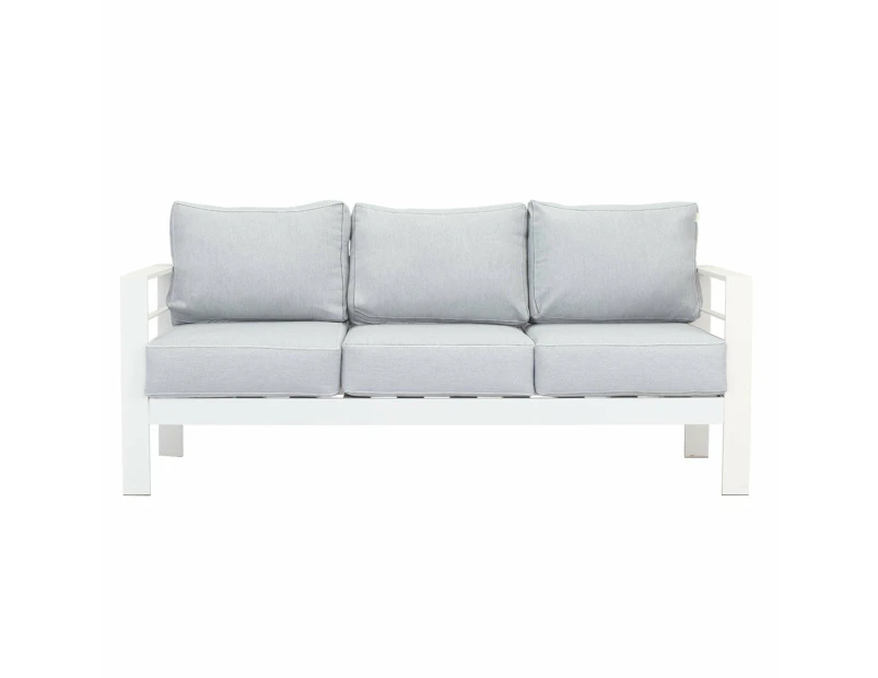 Paris 3 Seater White Aluminium Outdoor Sofa Lounge With Arms Light Grey Cushion