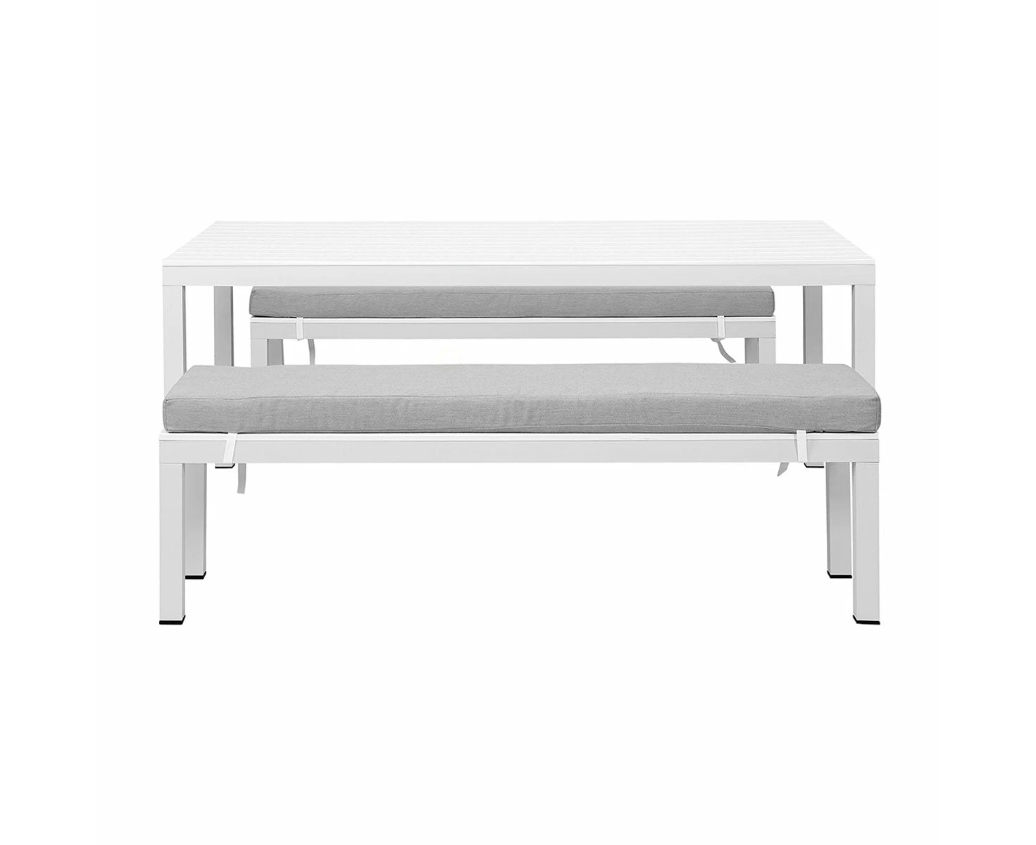 Manly 3 Piece White Aluminium Outdoor Bench Dining Set With Light Grey Cushion