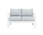 Paris 2 Seater White Aluminium Outdoor Sofa Lounge With Arms Light Grey Cushion