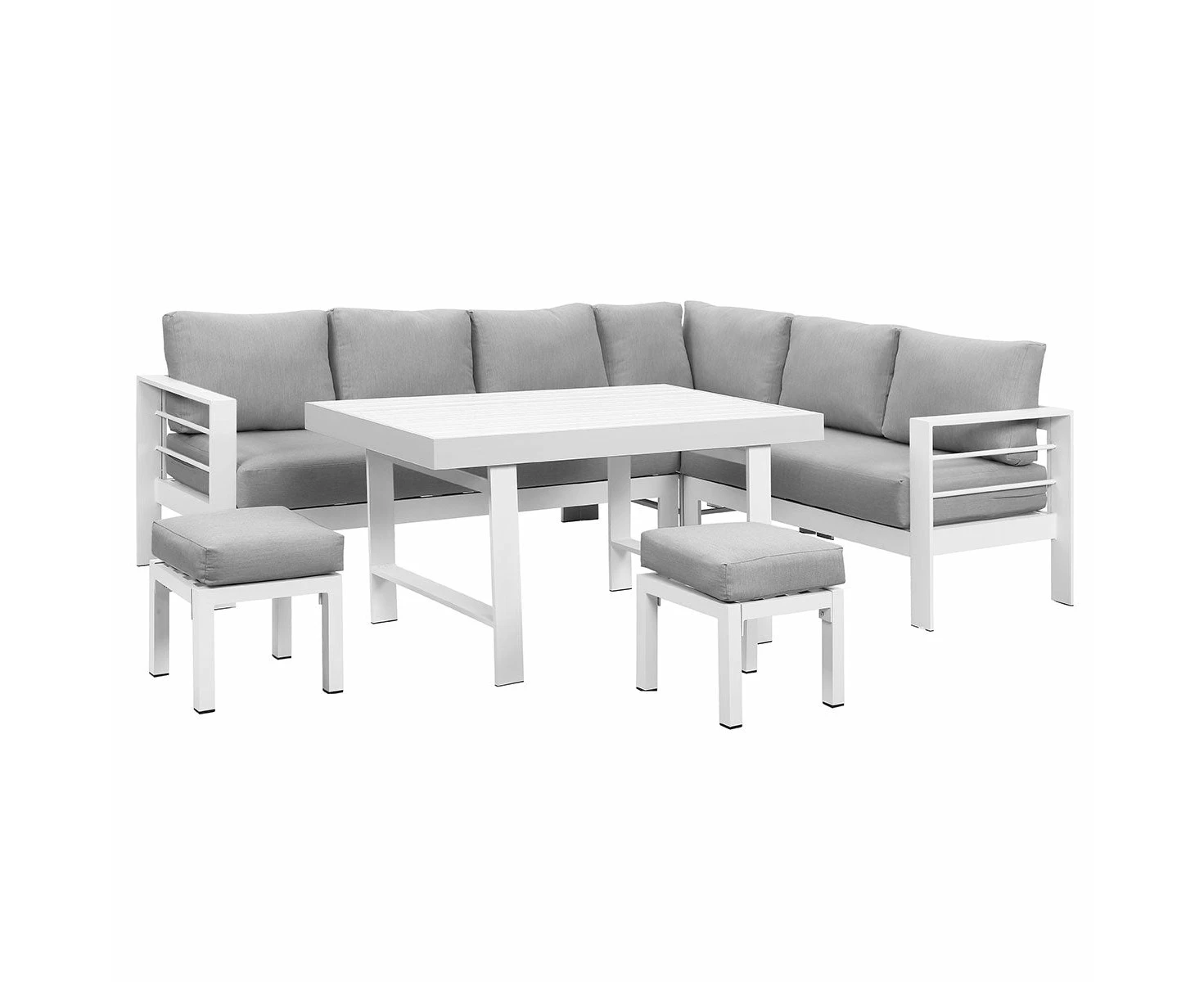 Paris 2 In 1 White Aluminium L Shaped Sofa Lounge Dining Set Light Grey Cushion