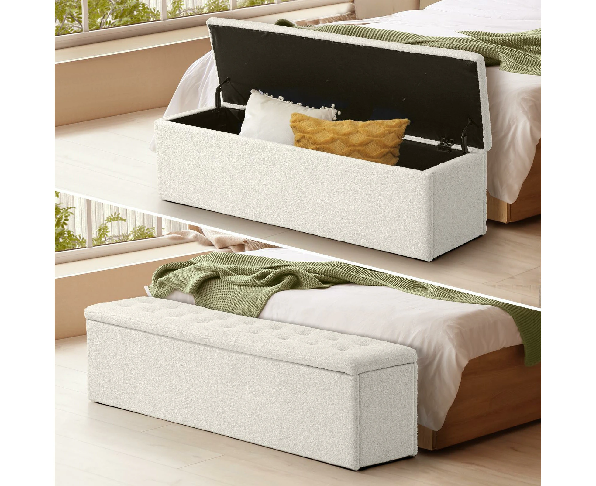 Oikiture Storage Ottoman Blanket Box Foot Stool XL Chest Toy Sherpa Linen White