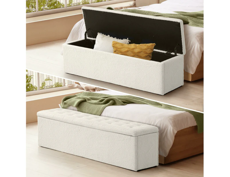 Oikiture Storage Ottoman Blanket Box Foot Stool XL Chest Toy Sherpa Linen White