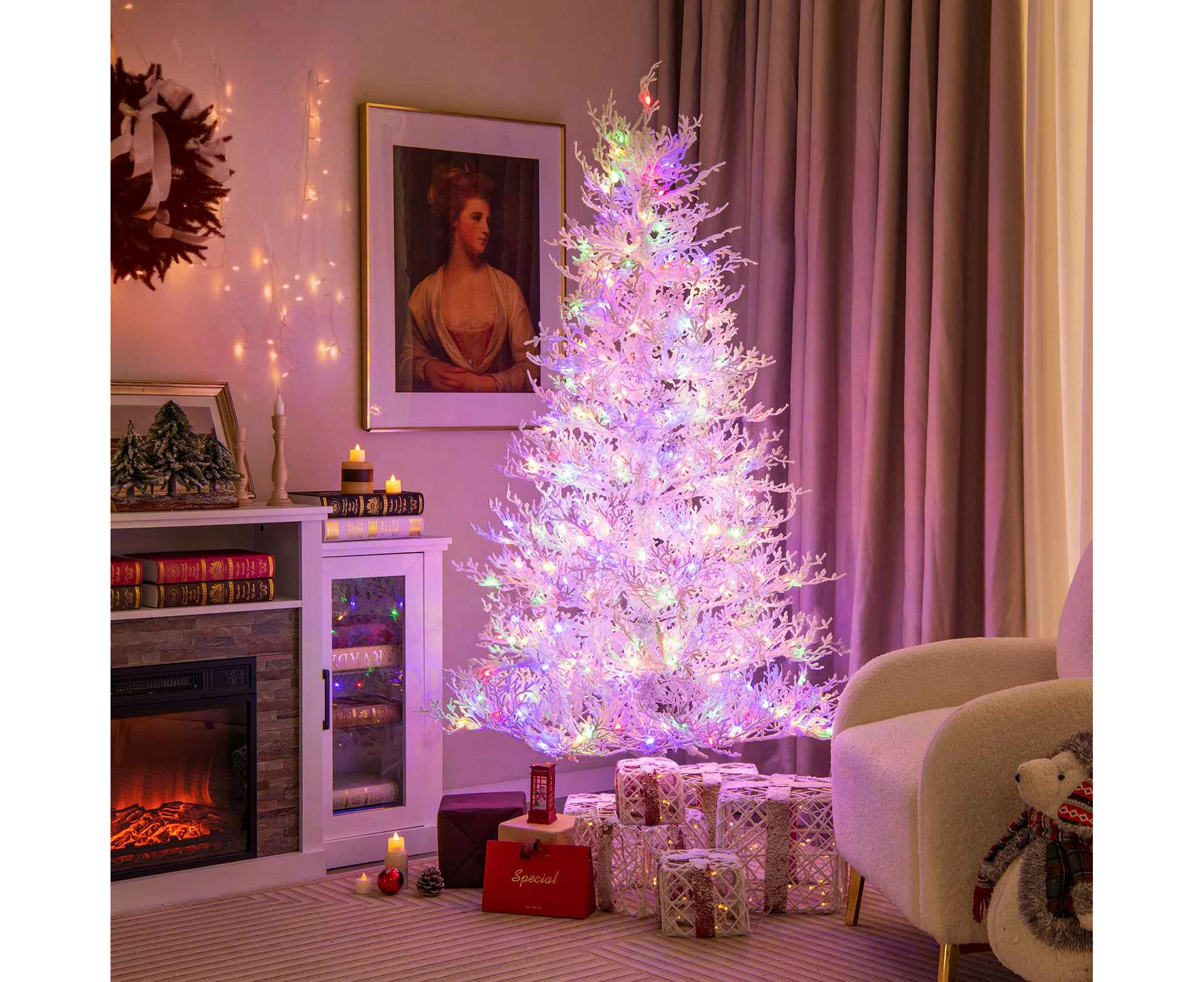 Costway 185CM Pre-Lit Christmas Tree Snow-Flocked Xmas Tree w/383 Tips Artificial Tree 300 Lights 11 Modes Home Party White