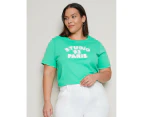 AUTOGRAPH - Plus Size - Womens Summer Tops - Green Tshirt / Tee - Cotton Graphic - Relaxed Fit - Short Sleeve - Crew Neck - Regular - Sequin Fashion - Green