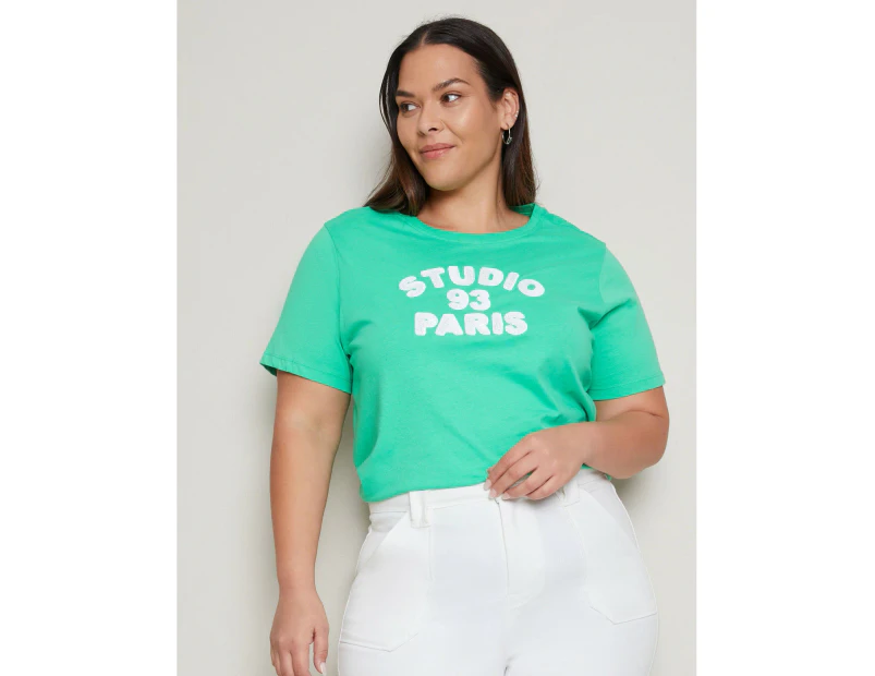 AUTOGRAPH - Plus Size - Womens Summer Tops - Green Tshirt / Tee - Cotton Graphic - Relaxed Fit - Short Sleeve - Crew Neck - Regular - Sequin Fashion - Green