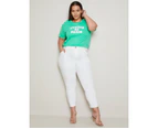 AUTOGRAPH - Plus Size - Womens Summer Tops - Green Tshirt / Tee - Cotton Graphic - Relaxed Fit - Short Sleeve - Crew Neck - Regular - Sequin Fashion - Green