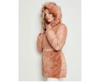ROCKMANS - Womens Long Jacket - Brown Winter Coat - Faux Fur Front Hoodie Puffer - Long Sleeve - Tan - Blazer - Padded - Casual Clothing - Work Wear - Brown