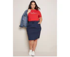 AUTOGRAPH - Plus Size - Womens Skirts - Midi - Summer - Blue - Pencil - Clothes - Dark Navy - Relaxed Fit - Elastic Waist - Pocket - Casual Fashion - Blue