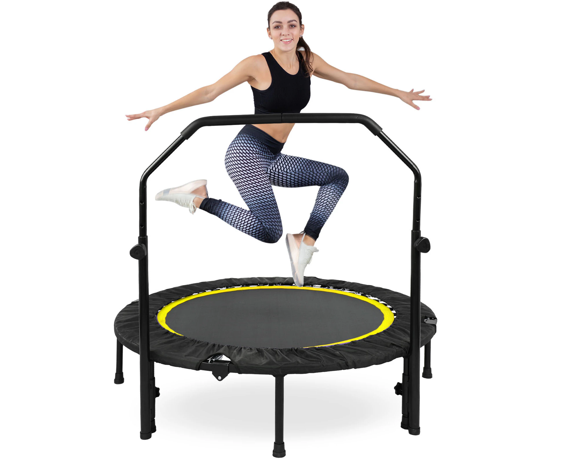 Advwin Max Load 200KG 48" Foldable Mini Trampoline Rebounder Handrail Fitness Trainer Exercise Home Yellow