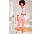 Euro Edit - Womens Pants - Pink Summer Calf Length - Cropped Cotton Trousers - Mid Waist - Pedal Pusher - Casual Fashion - Work Clothes - Office Wear - Pink